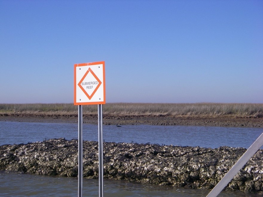 Oyster reef breakwater constructed from bagged oyster shell. Photo credit: Jeff DeQuattro, The Nature Conservancy. Project Name: Coffee Island Oyster Reefs. Project Location: Portersville Bay, Alabama, United States.