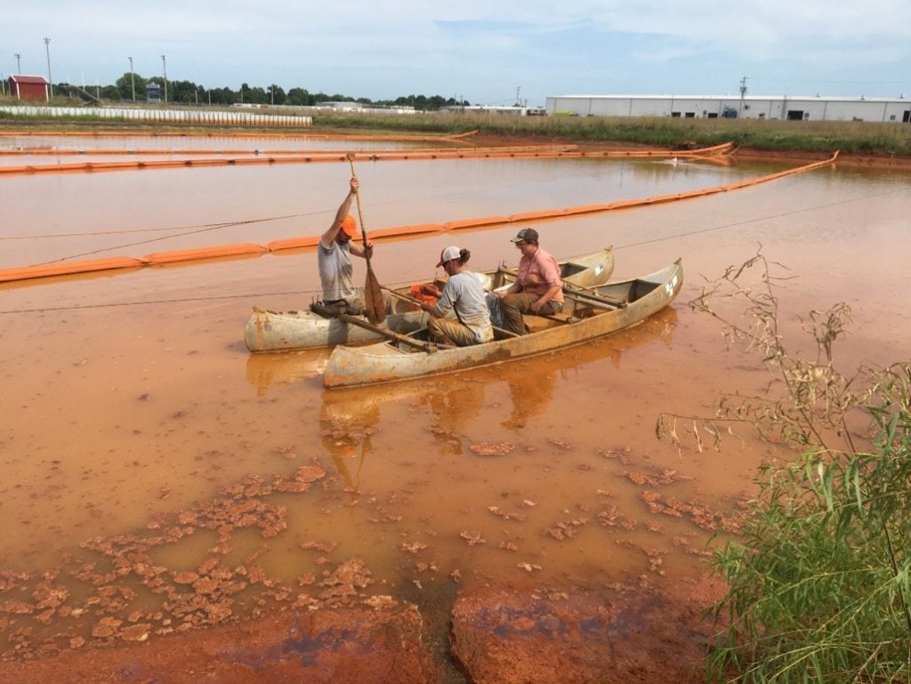 Three workers in a double canoe boat work to collect field samples in shallow orange water. The land is sectioned in long rows separated by orange floating dividers.