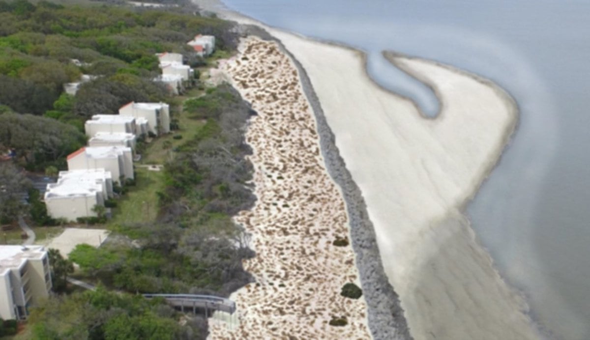 Conceptual visualization of added “sand motor” to strengthen the transition to the natural shoreline and beneficially use sandy material. In this conceptualization, vegetation has also moved into the sandy area landward of the revetment. Graphic from Hansell and Carswell (2019).