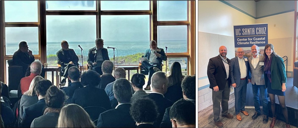 On the left image is a discussion panel with 4 men wearing suits and name badges on a raised area with micophones. The audience is shown from the back in the foreground. On the right image are three men and a woman standing in front of a UC Santa Cruz, Center for Coastal Climate Resilience sign.