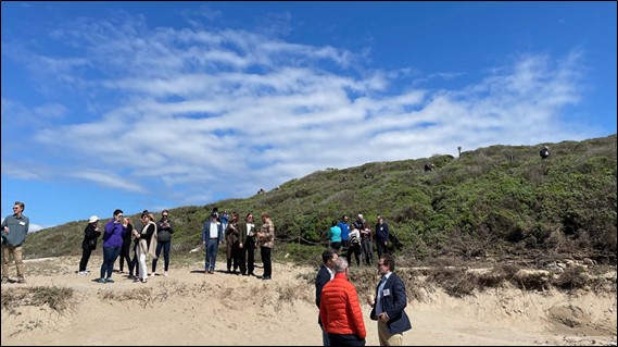 At least 18 symposium participants stand on a sandy beach with hills covered with vegetation in the background and a blue sky with sparse white clouds overhead.