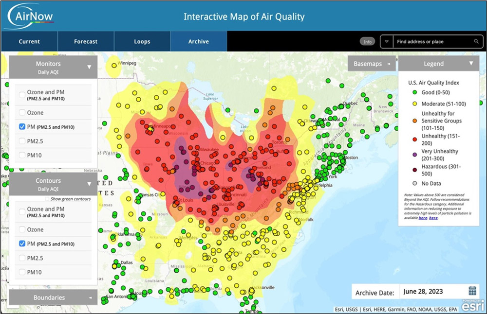 Map graphic showing colored circles and color shaded areas designated as good (green), moderate (yellow), unhealthy for sensitive groups (orange), unhealthy (red), very unhealthy (purple), and hazardous (deep purple) for June 28, 2023.