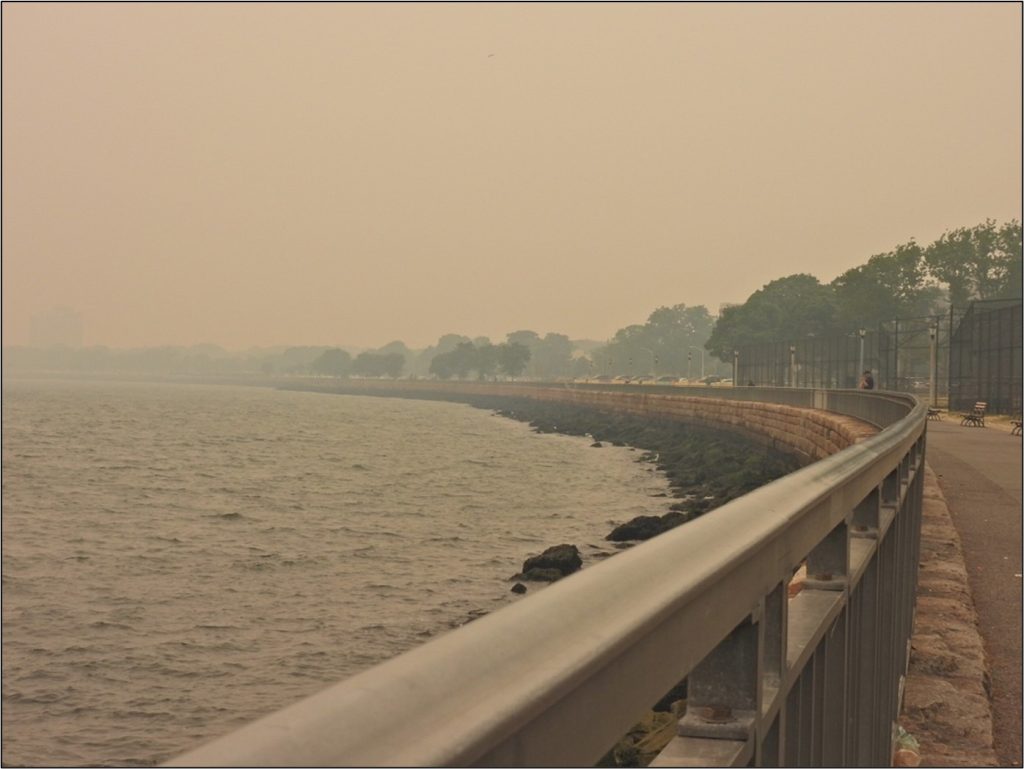 Hazy brown-out conditions along the Brooklyn coastline at Ceaser's Bay on June 7, 2023.