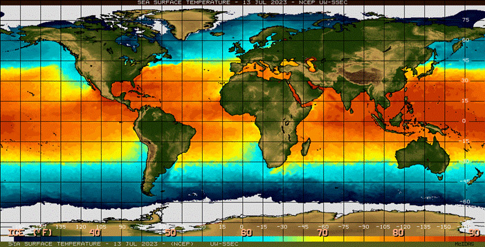 Surface temperature graphic of the world for July 13, 2023.