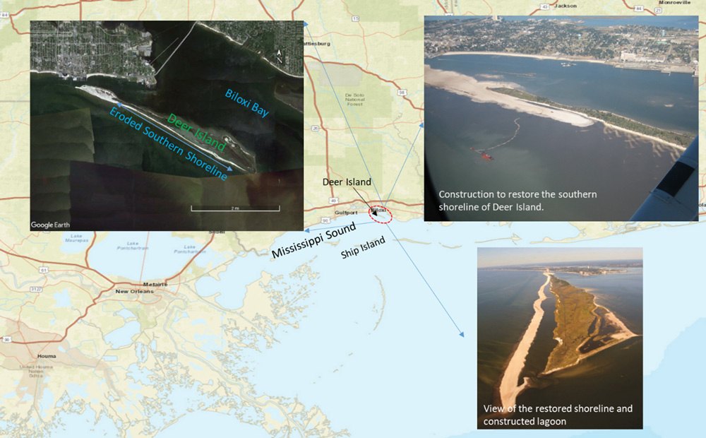 Location of Deer Island and photos showing construction of the southern shoreline (from EWN Podcast (2021) and Gerhardt Smith et al. (2015))