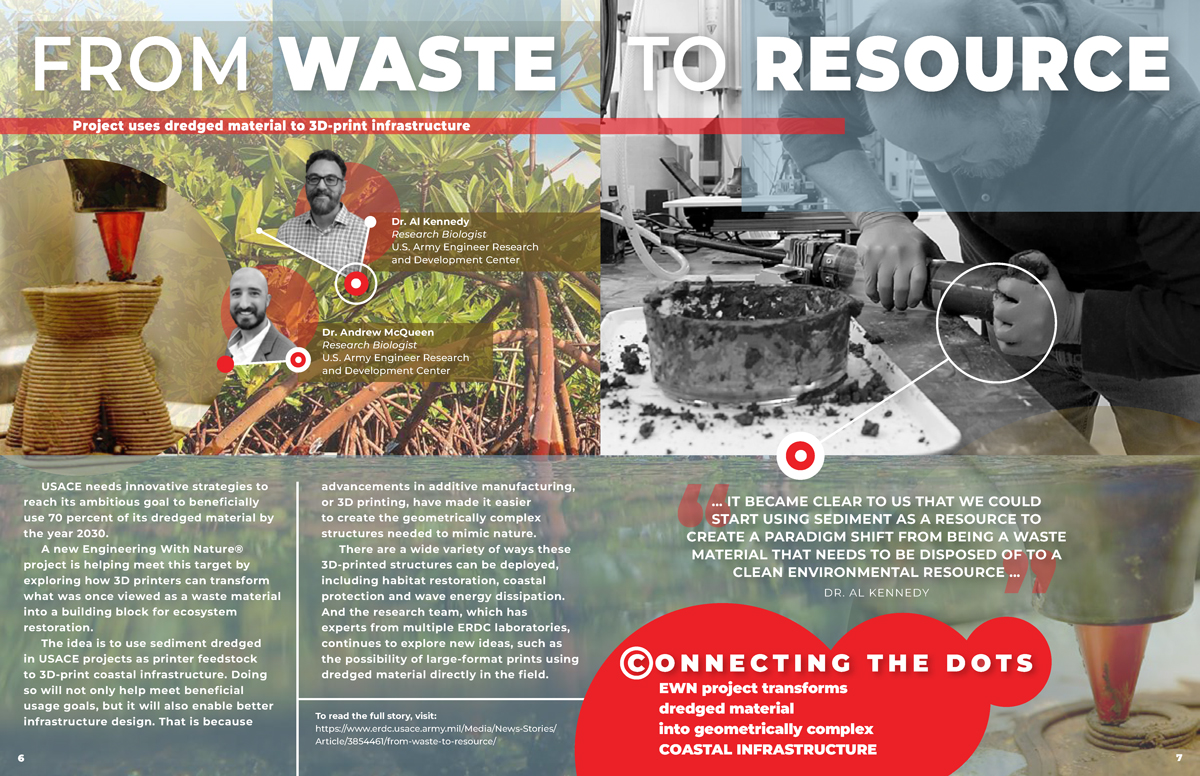 DVIDs Power of R&D vol 3 no 3 page 6-7 spread: From Waste to Resource. Project uses dredged material to 3D-print infrastructure. Dr. Al Kennedy, Research Biologist, U.S. Army Engineer Research and Development Center. Dr. Andrew McQueen, Research Biologist, U.S. Army Engineer Research and Development Center. USACE needs innovative strategies to reach its ambitious go al to beneficially use 70 percent of its dredged material by the year 2030. A new Engineering With Nature® project is helping meet this target by exploring how 3D pr inters can transform what was once viewed as a waste material into a building block for ecosystem restoration. The idea is to use sediment dredged in USACE projects as pr inter feedstock to 3D-print coastal infrastructure. Doing so will not only help meet beneficial usage goals, but it will also enable better infrastructure design. That is because advancements in additive manufacturing, or 3D printing, have made it easier to create the geometrically complex structures needed to mimic nature. There are a wide variety of ways these 3D-printed structures can be deployed, including habitat restoration, coastal protection and wave energy dissipation. And the research team, which has experts from multiple ERDC laboratories, continues to explore new ideas, such as the possibility of large-format prints using dredged material directly in the field. Quote: “… IT BECAME CLEAR TO US THAT WE COULD START USING SEDIMENT AS A RESOURCE TO CREATE A PARADIGM SHIFT FROM BEING A WASTE MATERIAL THAT NEEDS TO BE DISPOSED OF TO A CLEAN ENVIRONMENTAL RESOURCE …” DR. AL KENNEDY. CONNECTING THE DOTS EWN project transforms dredged material into geometrically complex COASTAL INFRASTRUCTURE. To read the full story, visit: https://www.erdc.usace.army.mil/Media/News-Stories/Article/3854461/from-waste-to-resource/