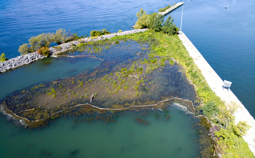 Aerial view of the wetland at Unity Island two years after placement of dredged sediment. (Photo by Kevin Lesika, USACE Buffalo District)