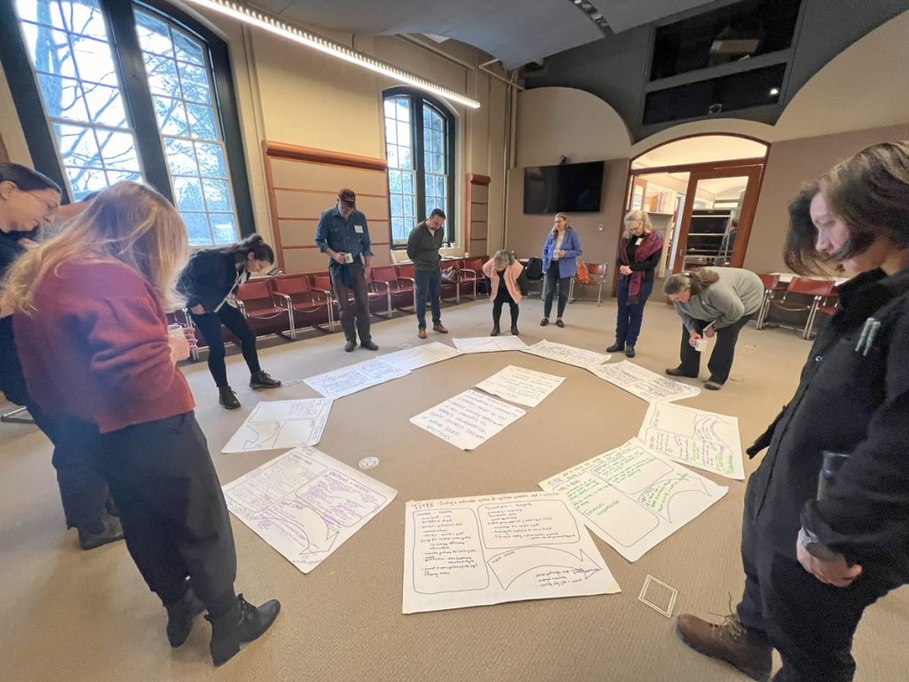 Stakeholders stand in a wide circle in the center of a large office, red chairs are pulled to the walls, and notes on large sheets of paper are laid out in a circular pattern on the floor with 2 pages in the center and 10 pages around. The people are arranged in front of these sheets looking down at them.