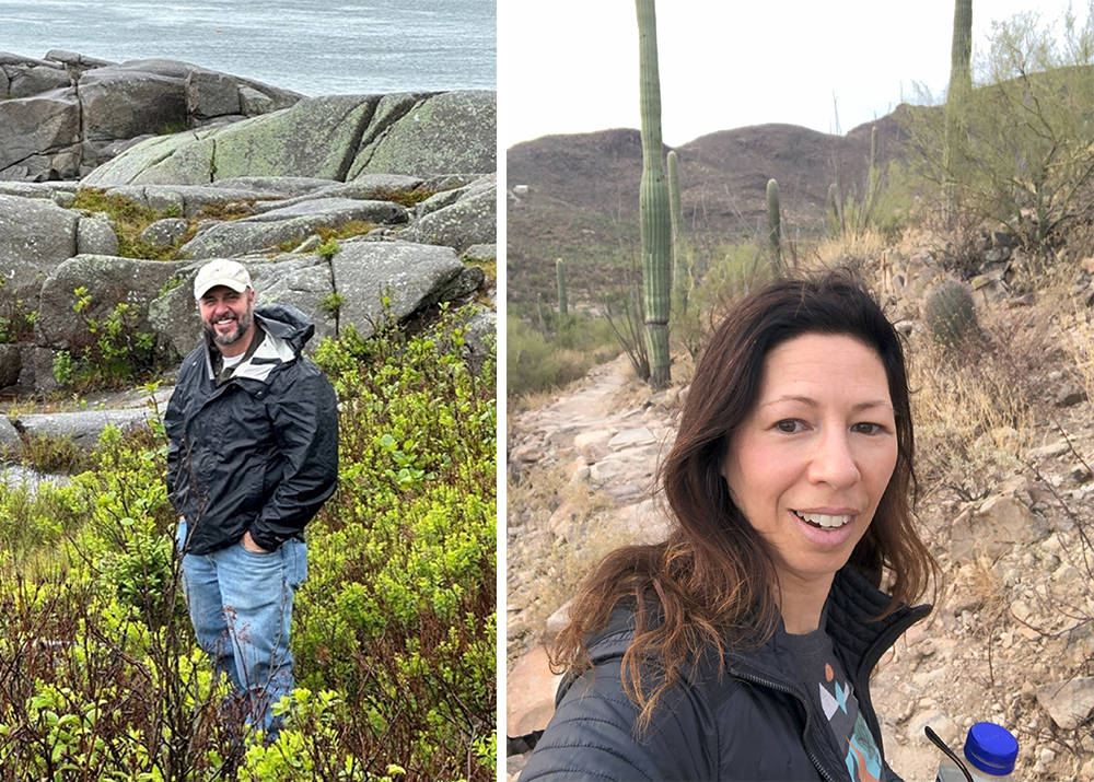 Two photo collage. On the left image is a man, Dr. Jeff King, standing in an area of brush growning up past his knees. He wears jeans, a black windbreaker, and a white ball cap. In the background are large stones and in the far back, a body of water. The right image is a selfie of Robyn DeYound, a woman wearing a black jacket and t-shirt in a rocky area with cacti growing behind her, some tall and some short. The far area is hills.