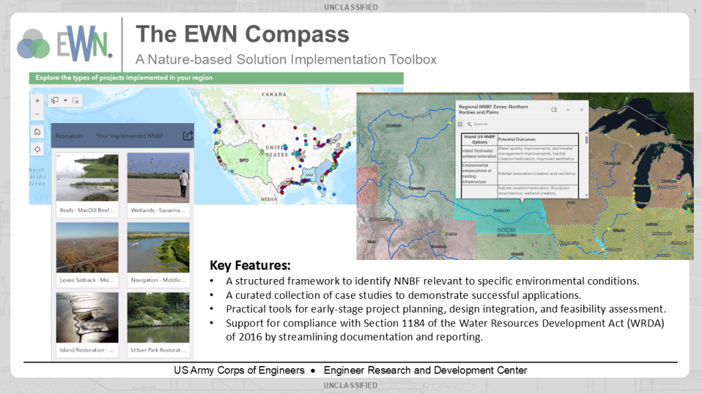 An Unclassified slide with the title “The EWN Compass: A Nature-based Solution Implementation Toolbox.” A collage of images shows the toolbox Map with a title “Explore the types of projects in your region” focused on the United States and multiple highlighted USACE districts as well as multi-colored dots representing project sites. Another group of images on the left shoes Resources: Your Implemented NNBF with thumbnail pictures for categories: Reefs – MacDill Reef…, Wetlands – Savanna…, Levee Setback – Mis…, Navigation – Middle…, Island Restoration - …, and Urban Park Restorat… An image on the right shows a pop-up while on the NNBF portion of the toolbox zoomed in and highlighted Nebraska. The pop-up reads “Regional NNBF Zones: Northern Rockies and Plains. It has icons to explore including a Zoom to magnifier and a 2-column table with the headers “Inland US NNBF Options” and “Potential Outcomes.” Below the images is a bold title text that reads “Key Features” with bullets beneath reading •A structured framework to identify NNBF relevant to specific environmental conditions. •A curated collection of case studies to demonstrate successful applications. •Practical tools for early-stage project planning, design integration, and feasibility assessment. •Support for compliance with Section 1184 of the Water Resources Development Act (WRDA) of 2016 by streamlining documentation and reporting.