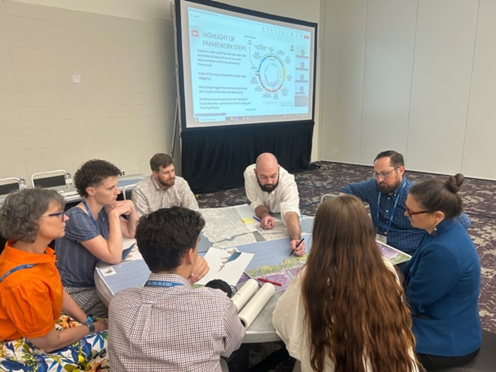 Eight workshop participants are seated around a table looking at materials.