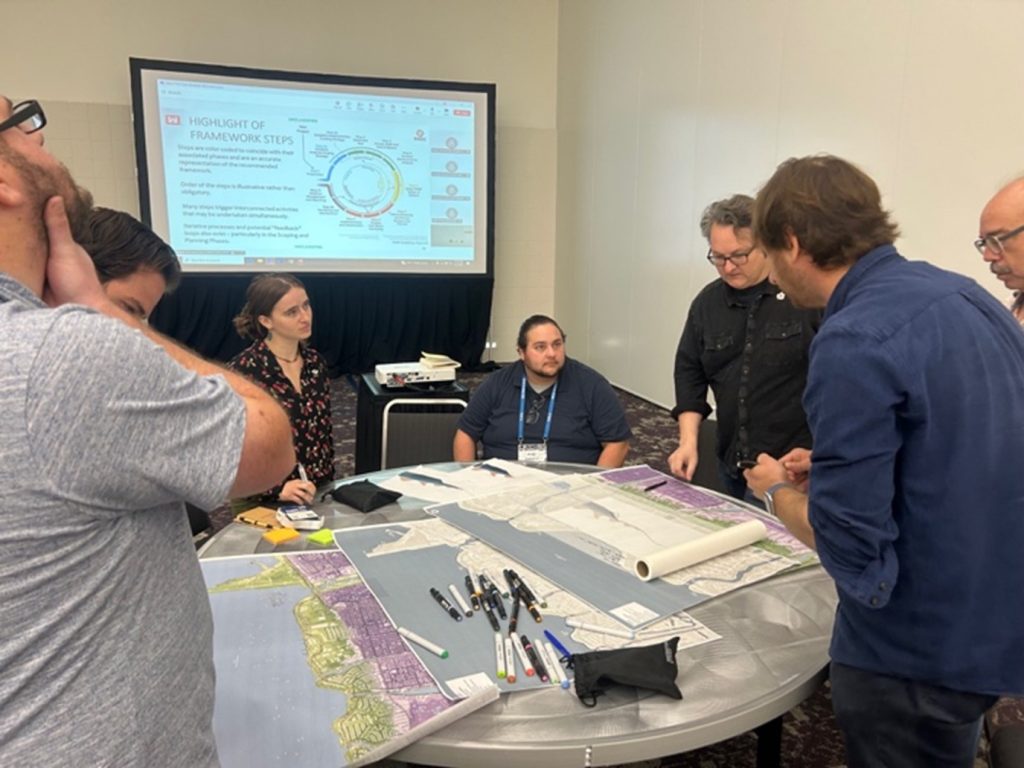 Seven workshop participants are gatherd aroung a table with materials and pens on it. A screen showing a slide is in the background.