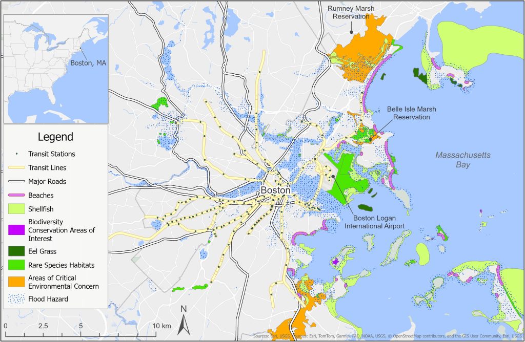 Map of Boston area with a legend marking Transit Stations, Transit Lines, Major Roads, Beaches, SHellfish, Biodiversity Conservation Areas of Interest, Eel Grass, Rare Species Habitats, Areas of Critical Environmental Concern, and Flood Hazard.