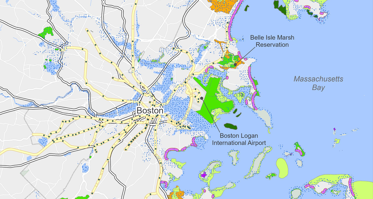 Map of Boston area with a legend marking Transit Stations, Transit Lines, Major Roads, Beaches, Shellfish, Biodiversity Conservation Areas of Interest, Eel Grass, Rare Species Habitats, Areas of Critical Environmental Concern, and Flood Hazard.
