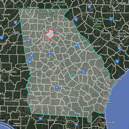 Section of US map with the state of Georgia shaded in and Gwinnett county outlined in red