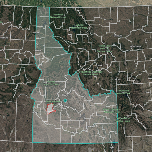 Section of US map with the state of Idaho shaded in and the Mores Creek Floodplain outlined in red