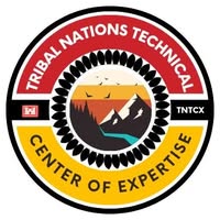 Circular logo with a red arc above with "Tribal Nations Technical" in white font, a yellow arc below with "Centers of Expertise" in black font, and a graphic of a mountain sceen with stream, sunset, and birds in the center, all outlined in black.