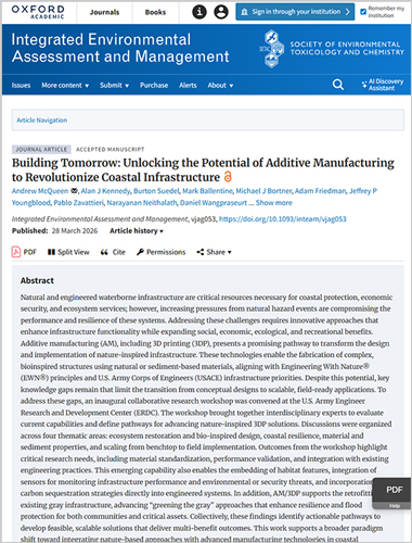 Cover image for journal article "Building Tomorrow: Unlocking the Potential of Additive Manufacturing to Revolutionize Coastal Infrastructure" showing the title of the journal, Integrated Environmental Assessment and Management, and the title of the article, author names, and abstract.