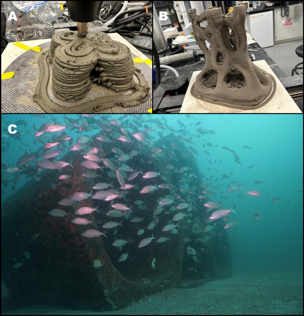 Multi-panel figure showing 3D-printed structures and their application as underwater habitat supporting fish aggregation.