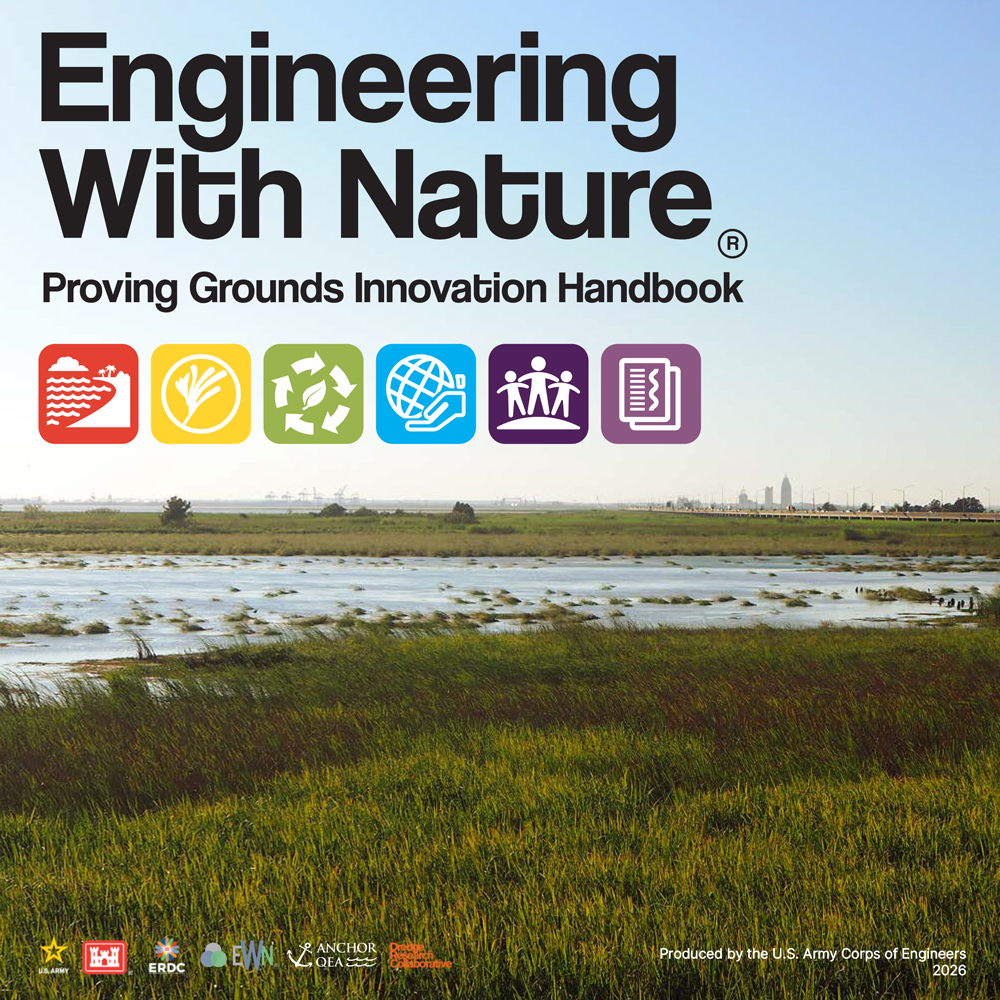 The cover of the "Engineering With Nature Proving Grounds Innovation Handbook." The image shows a vibrant coastal marsh with a city skyline in the distance, under a clear blue sky. The title is at the top, with a series of six colorful icons below it. At the bottom are the logos of the U.S. Army, ERDC, and other partners, with the text "Produced by the U.S. Army Corps of Engineers 2026."
