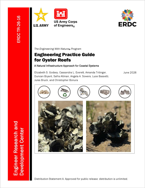 Cover of ERDC Technical Report 26-16, Engineering Practice Guide for Oyster Reefs: A Natural Infrastructure Approach for Coastal Systems, from the Engineering With Nature® Program, dated June 2026. U.S. Army, U.S. Army Corps of Engineers, and ERDC logos appear across the top. The cover features two close-up photographs of oyster clusters and small circular illustrations representing different oyster reef materials and structures. A red vertical sidebar identifies the Engineer Research and Development Center and report number ERDC TR-26-16. The bottom states that the report is approved for public release with unlimited distribution.