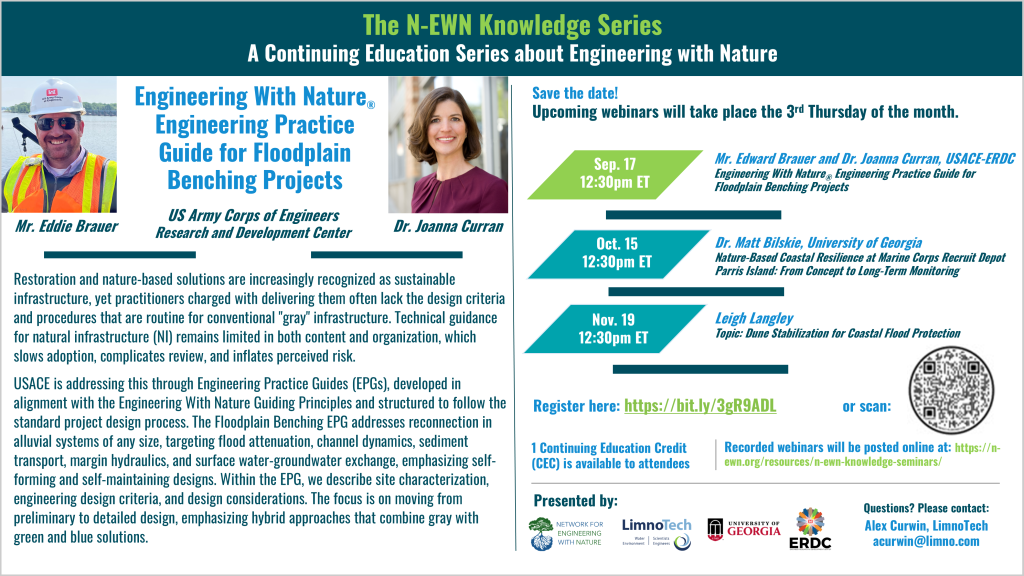 N-EWN Knowledge Series webinar announcement for “Engineering With Nature® Engineering Practice Guide for Floodplain Benching Projects,” featuring presenters Mr. Eddie Brauer and Dr. Joanna Curran of the U.S. Army Corps of Engineers Research and Development Center. The webinar will be held September 17 at 12:30 p.m. ET. The presentation describes the Floodplain Benching Engineering Practice Guide, which provides technical guidance for incorporating nature-based solutions into alluvial system restoration and infrastructure projects. Topics include site characterization, engineering design criteria, flood attenuation, channel dynamics, sediment transport, margin hydraulics, surface water-groundwater exchange, and hybrid gray, green, and blue design approaches. Registration is available at https://bit.ly/3gR9ADL or by scanning the QR code. One Continuing Education Credit is available to attendees. The announcement also lists upcoming N-EWN Knowledge Series webinars, held on the third Thursday of the month: October 15 at 12:30 p.m. ET, Dr. Matt Bilskie of the University of Georgia presenting “Nature-Based Coastal Resilience at Marine Corps Recruit Depot Parris Island: From Concept to Long-Term Monitoring”; and November 19 at 12:30 p.m. ET, Leigh Langley presenting “Dune Stabilization for Coastal Flood Protection.” Recorded webinars will be posted at https://n-ewn.org/resources/n-ewn-knowledge-seminars/. Presented by the Network for Engineering With Nature, LimnoTech, University of Georgia, and ERDC. Questions may be directed to Alex Curwin, LimnoTech, at acurwin@limno.com.
